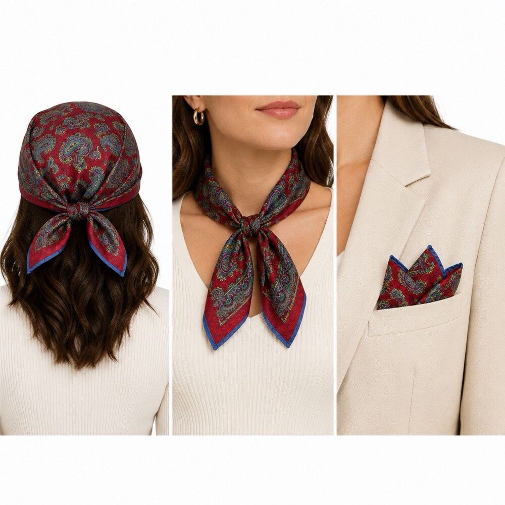 Vintage Silk Paisley Pocket Square Scarf Made in Italy Burgundy Blue Green 16x16
